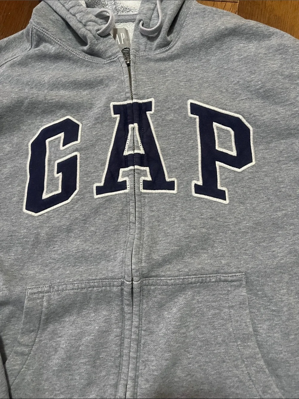 GAP Heather Gray Zip-Up Hoodie with Navy Logo
